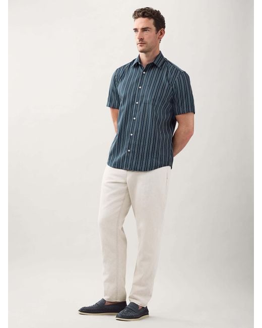 Next Blue Regular Fit Stripe Short Sleeve Lyocel Cotton Blend Smart Shirt for men