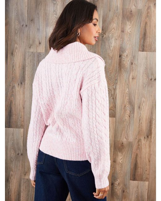 Threadbare Pink Cable Knit Quarter Zip Jumper