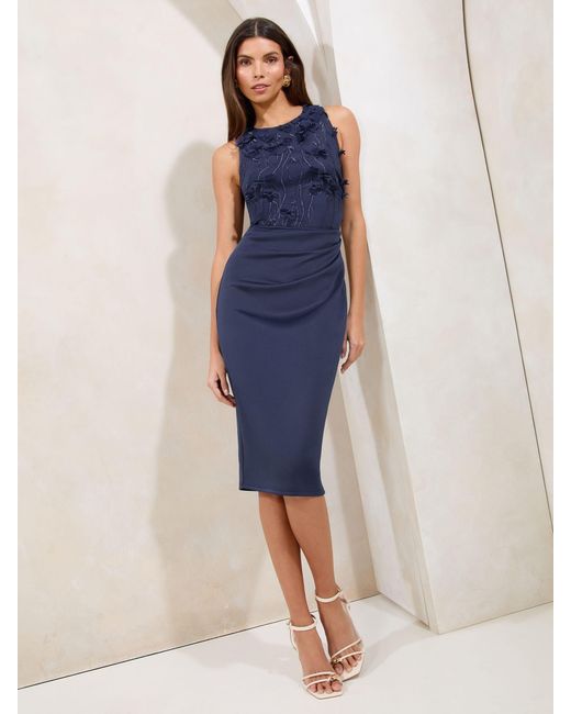Lipsy Women's Blue Petite Floral Print 3D Textured Halter Bodycon Midi Dress Lipsy Women's Blue Petite Floral Print 3D Textured Halter Bodycon Midi Dress