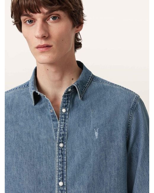 AllSaints Blue Allsaints Gleason Long Sleeve Press Stud Shirt for men