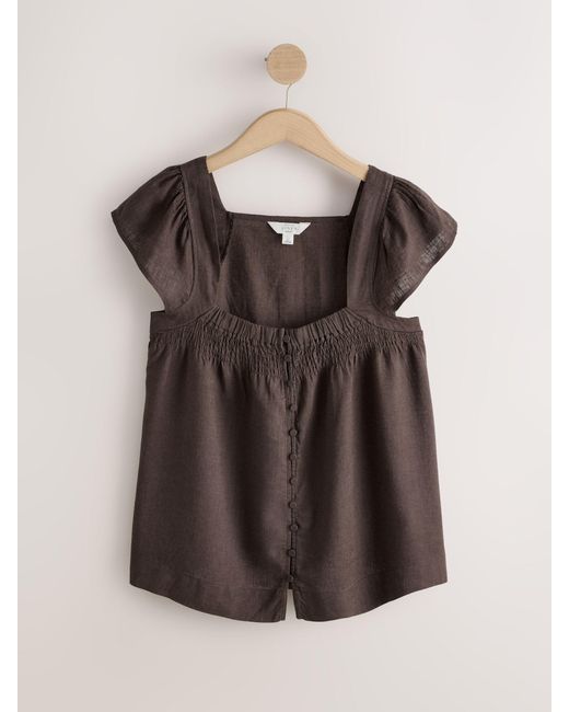 Next Brown Flutter Sleeve Button Front Top With Linen