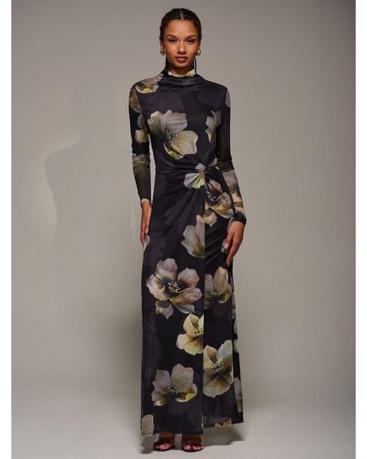 Jolie Moi Gray High Neck Long Sleeve Mesh Maxi Dress