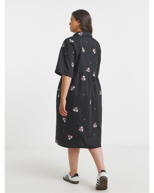 Simply Be Black Floral Embroidered Midi Shirt Dress