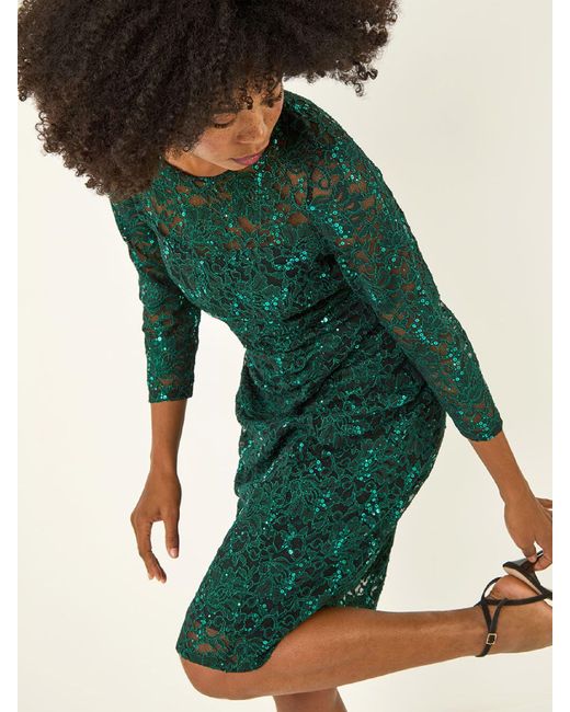 Roman Green Sequin Lace Ruched Stretch Dress