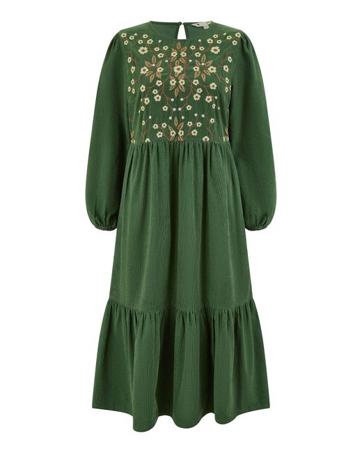 Yumi' Green Long Sleeve 100% Cotton Midi Dress With Floral Print Embroidery Bodice
