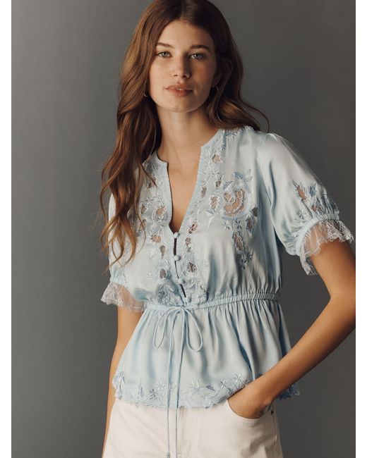 Anthropologie Gray Embroidered V-Neck Peplum Blouse
