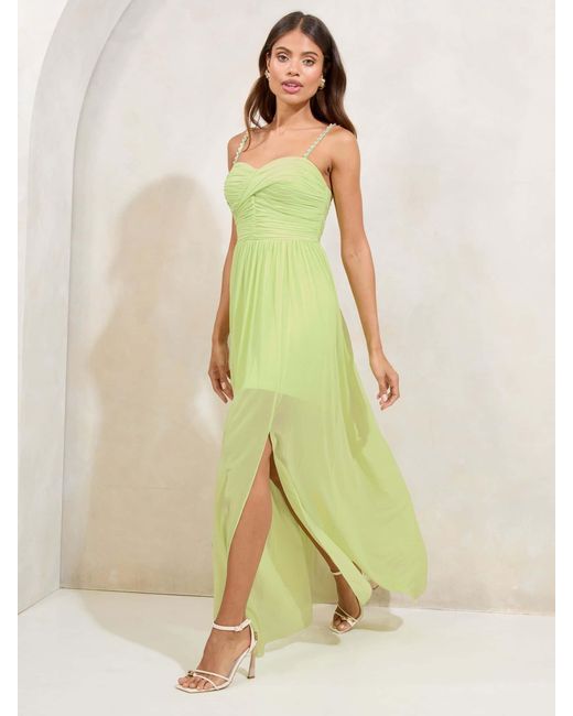 Lipsy Green Embellished Strap Ruched Mesh Maxi Dress