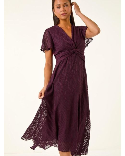 Roman Purple Petite Front Twist Jacquard Dress