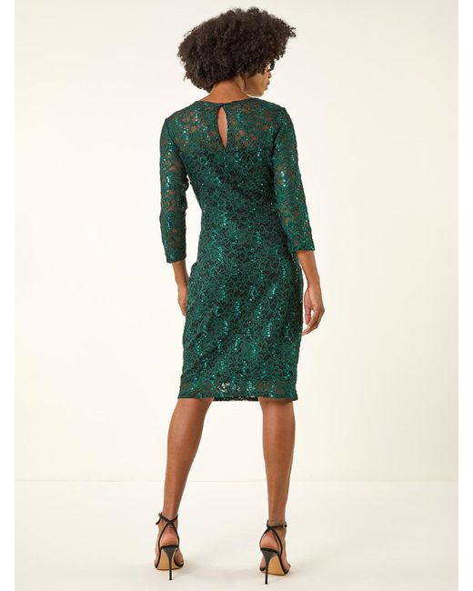 Roman Green Sequin Lace Ruched Stretch Dress