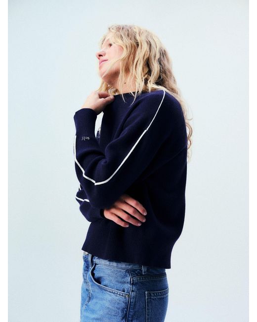 Self Blue Knitted Side Stripe Jumper