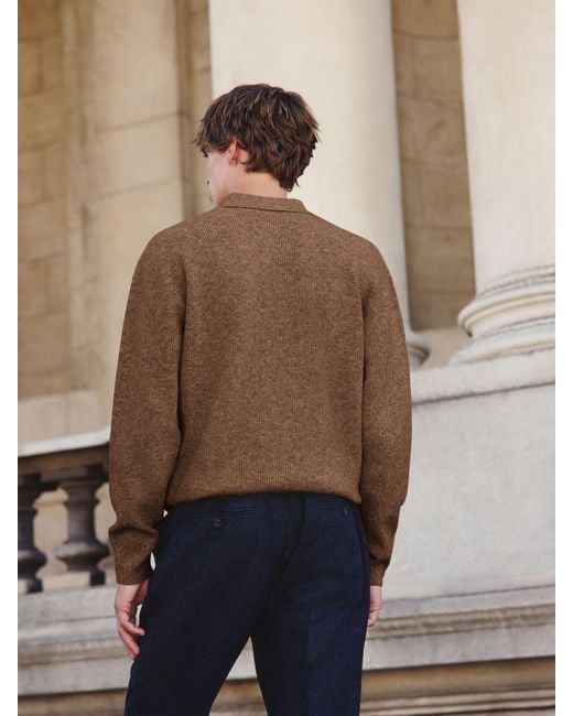 Next Brown Regular Fit Textured Long Sleeve Knit Polo Shirt With Wool for men