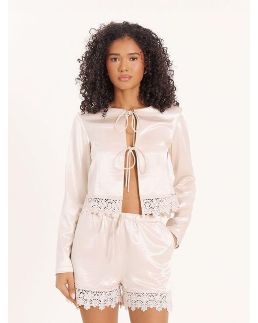 4th & Reckless Natural 4Th & Reckless Satin Tie Front Blouse With Lace Trim