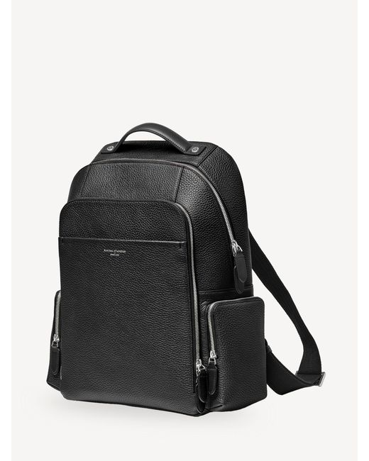 Aspinal Black Reporter Pebble Leather Zip Backpack for men