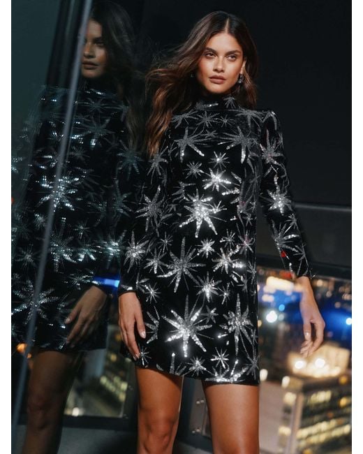 Lipsy Sequin Star Velvet Long Sleeve Mini Dress in Black | Lyst