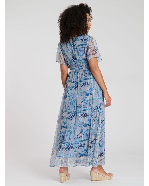South Beach Blue Printed Metallic Chiffon Button Detail Maxi Dress