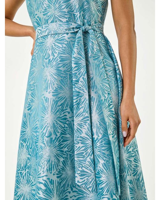 Roman Blue Jacquard Bow Front Fit And Flare Dress