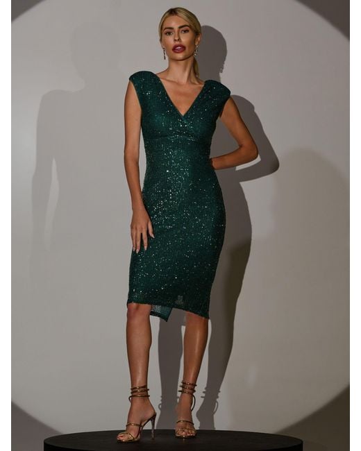 Jolie Moi Green Wrap Bodice Sequin Midi Dress