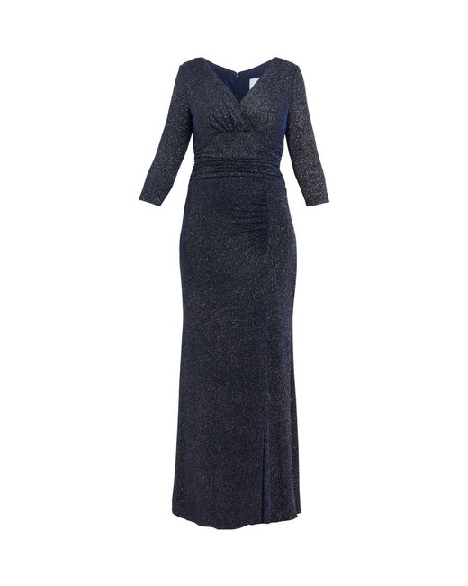 Gina Bacconi Women's Blue Eugenie Metallic Maxi Dress With Ruched Waist And Front Slit Gina Bacconi Women's Blue Eugenie Metallic Maxi Dress With Ruched Waist And Front Slit