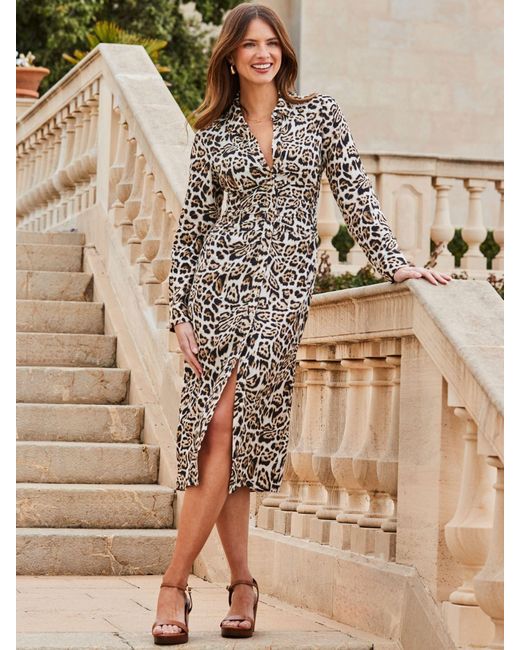 Sosandar Natural Animal Print Ruched Front Midi Shirt Dress