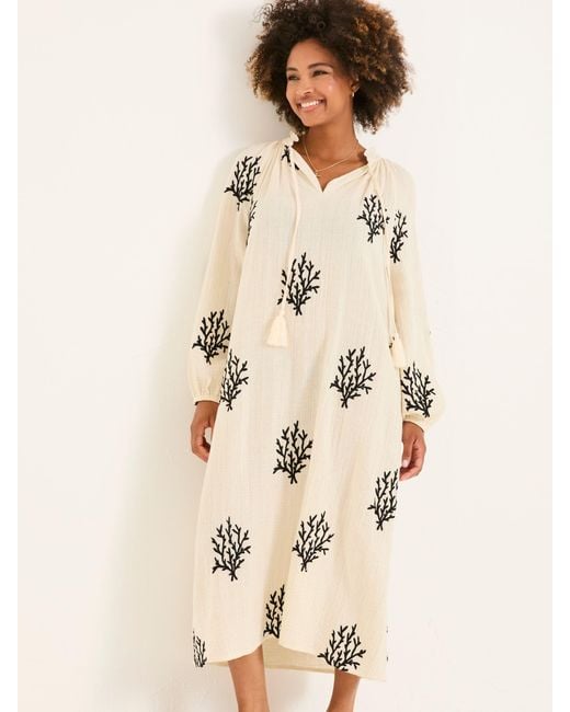 FatFace Natural Fatface Beachwear Coral Embroidered Kaftan Dress