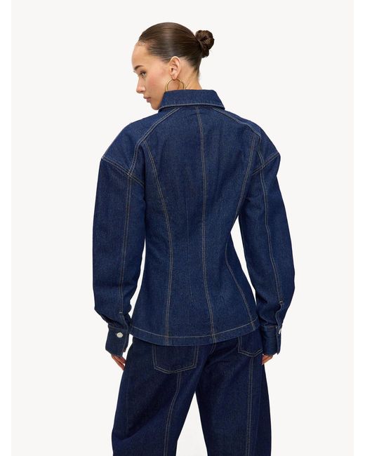 Loavies Blue Under Falling Leaves Tailored Button Up Denim Blouse