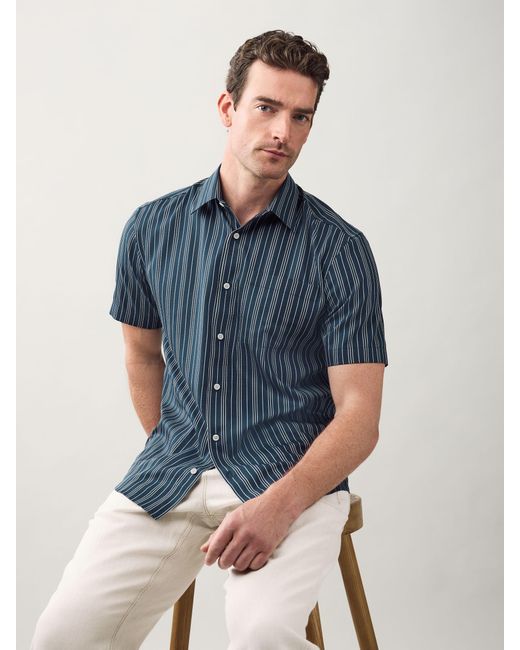 Next Blue Regular Fit Stripe Short Sleeve Lyocel Cotton Blend Smart Shirt for men