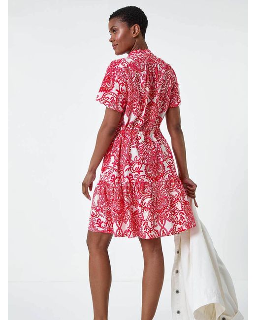 Roman Red Floral Print Frill Hem Shirt Dress