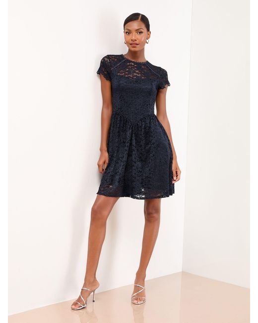 Lipsy Blue Lace Drop Waist Short Sleeve Skater Mini Dress