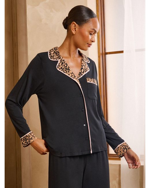 Love & Roses Black Leopard Tipped Jersey Button Through Pyjamas Set