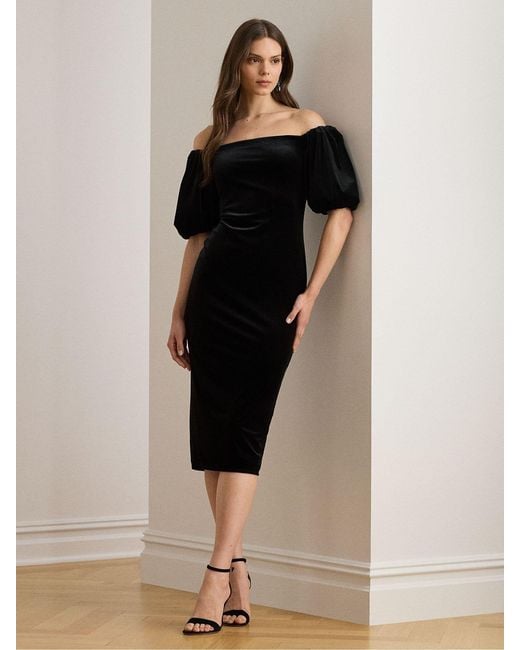 Ralph Lauren Black Faraine Velvet Off The Shoulder Puff Sleeve Midi Dress