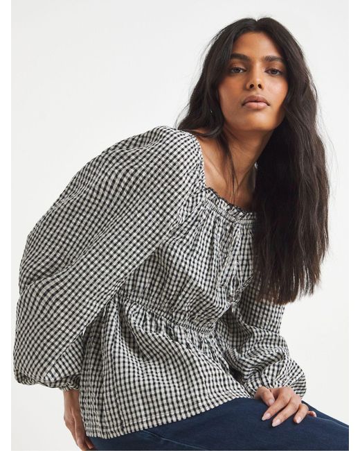 Simply Be Blue Gingham Square Neck Blouse