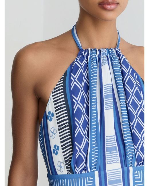 Reiss Blue Scarf-Print Halterneck Midi Dress