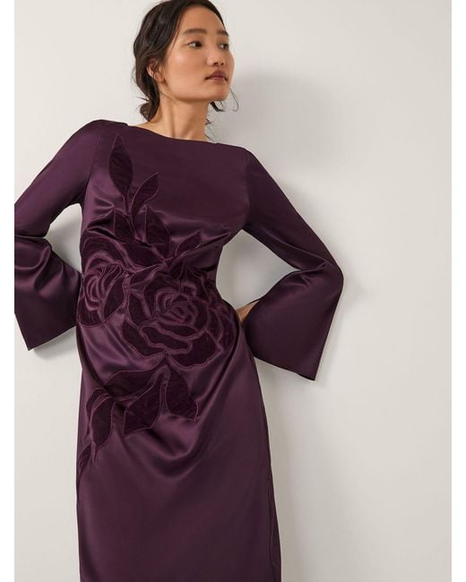 Monsoon Purple Callie Floral Satin Long Sleeve Midi Dress