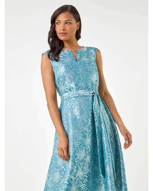 Roman Blue Jacquard Bow Front Fit And Flare Dress