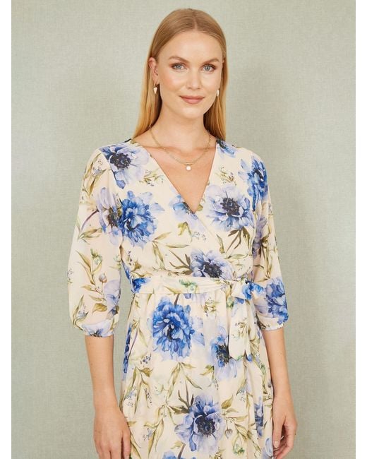 Yumi' Blue Vintage Floral Wrap Midi Dress With Frill