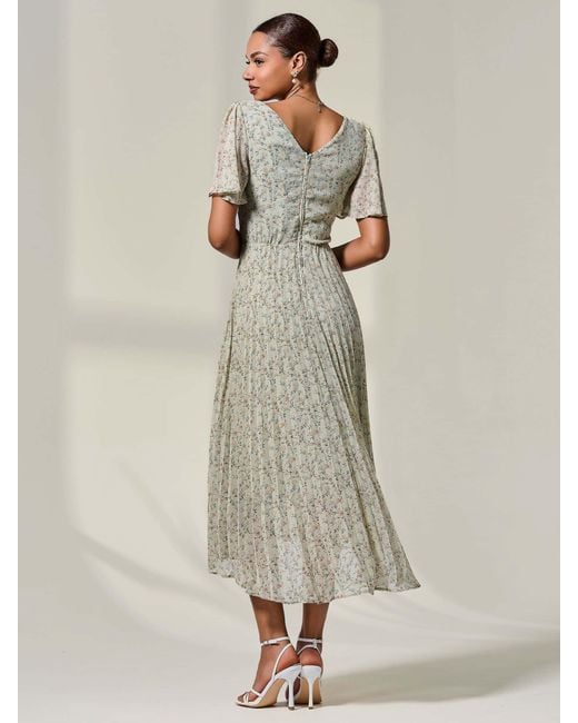 Jolie Moi Natural Floral Print Pleated Dip Hem Maxi Dress