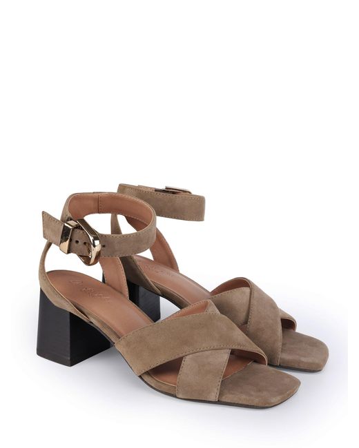 OFF THE HOOK Brown Ruby Suede Leather Heeled Sandals With Crossover Front Strap