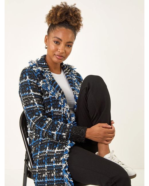 Roman Blue Checkered Fringe Knit Cardigan