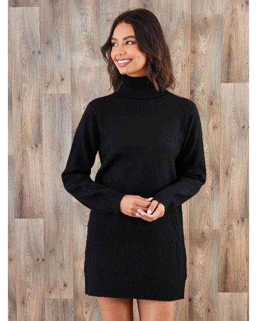 Threadbare Black Roll Neck Knitted Mini Dress