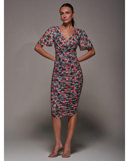 Jolie Moi Gray Angel Sleeved Floral Mesh Bodycon Dress