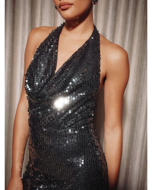 Lipsy Sequin Cowl Halter Neck Midi Dress in Brown | Lyst