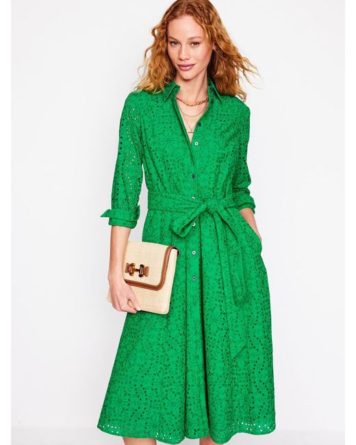 Boden Green 100% Cotton Amy Broderie Midi Shirt Dress