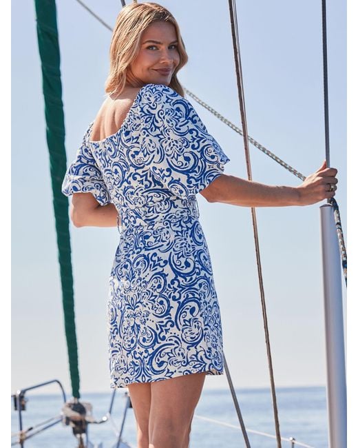 Sosandar Blue Scarf Print Linen Blend Puff Sleeve Belted Dress