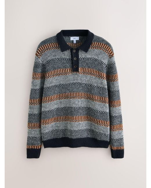 Next Blue Regular Fit Stripe Long Sleeve Knit Polo Shirt for men