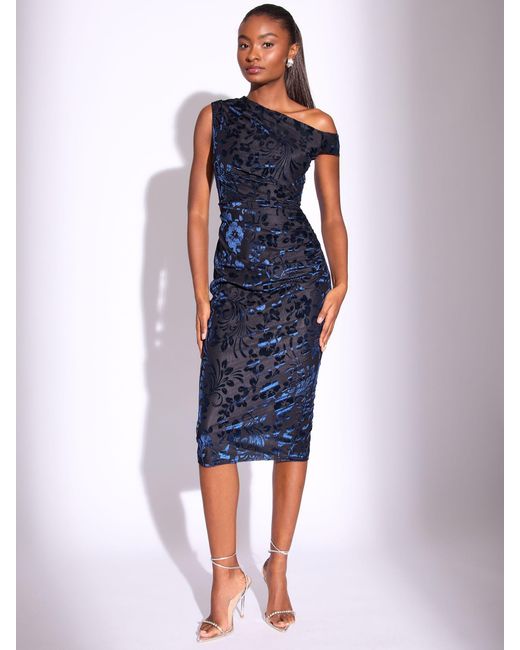 Lipsy Blue Velvet Devore One Shoulder Slash Neck Bodycon Midi Dress