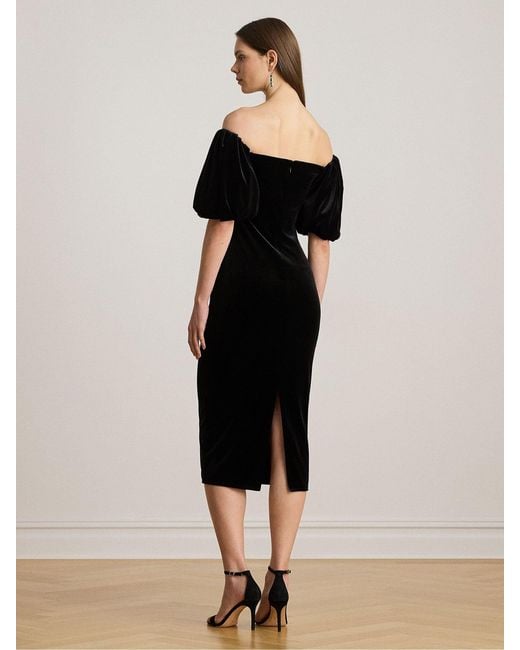 Ralph Lauren Black Faraine Velvet Off The Shoulder Puff Sleeve Midi Dress