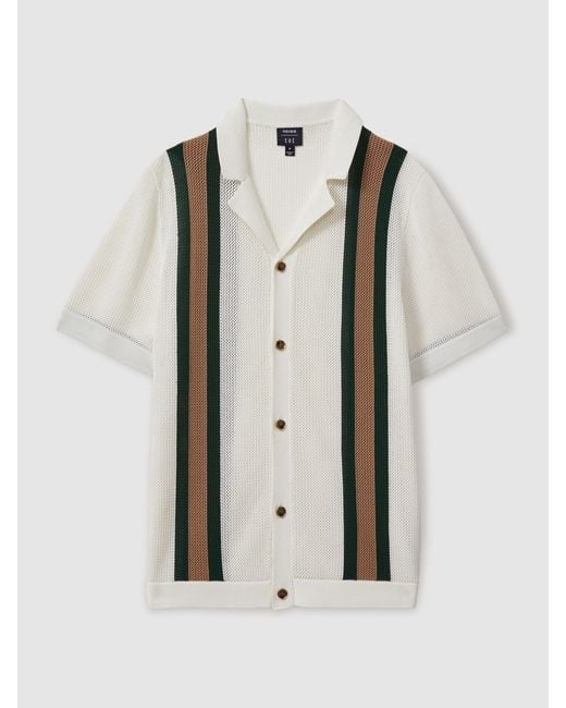 Reiss Natural Danube - White/dark Green Ché Knitted Contrast Stripe Cuban Collar Shirt, S for men