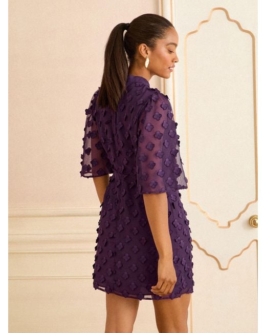 Love & Roses Purple Petite 3D Floral Angel Sleeve Mini Dress