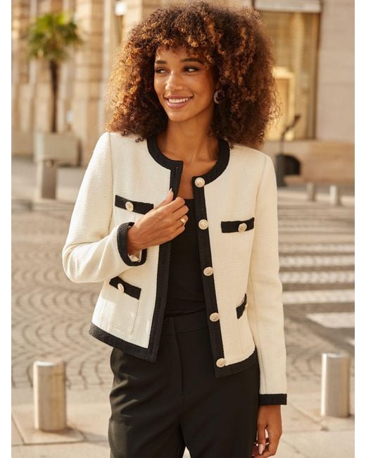 Sosandar Natural Contrast Trim Boucle Jacket