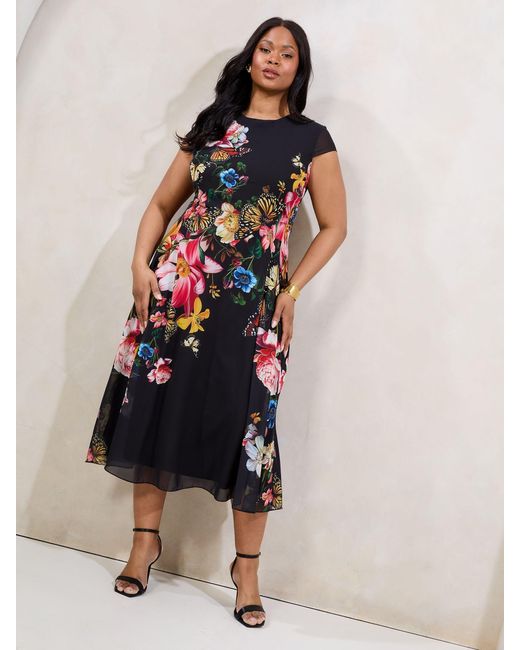 Lipsy Black Curve Floral Printed Chiffon Fit And Flare Midi Dress